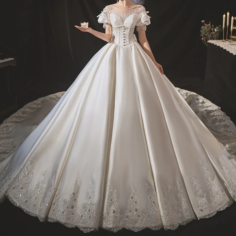 Customized Princess Wedding Dresses Short Sleeve O-Neck Lace Ruched Satin Puffy Ball Gown Bride Bridal Gown vestido de casamento