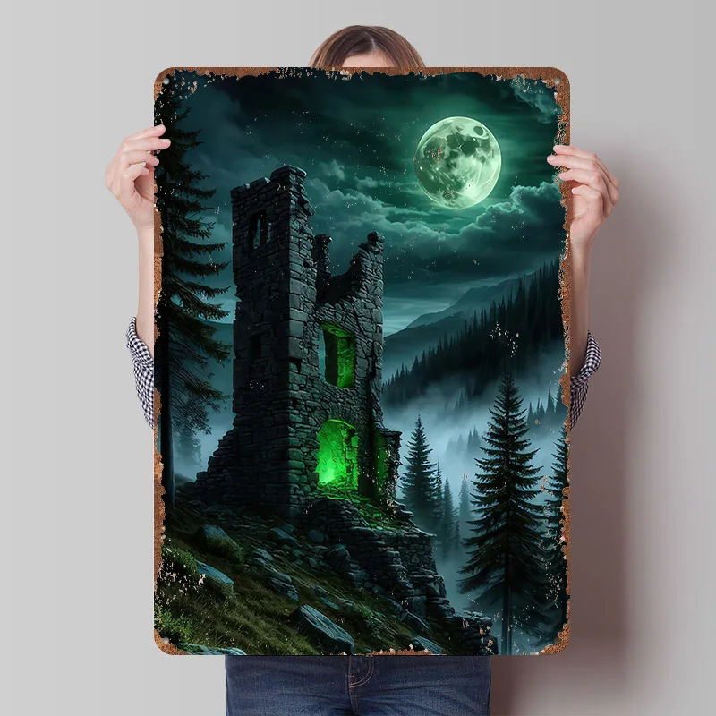 Ruined Tower Under Moonlight Metal Poster Customized Wall Art Retro Vintage Tinplate Signs for Man Cave Gaming Room Decoration