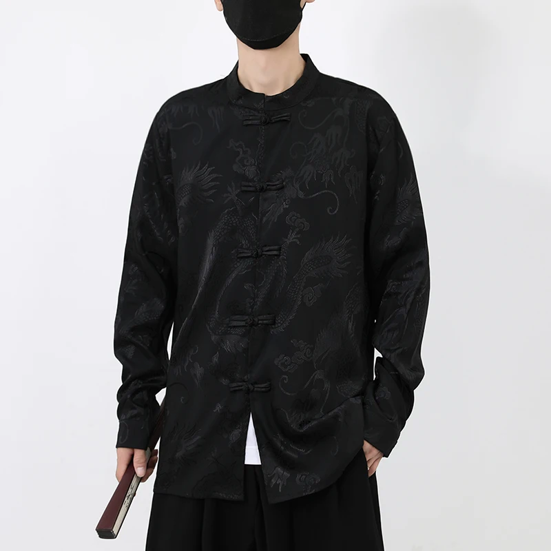 Oriental Style Long Sleeve Shirt Dragon Pattern Mandarin Collar Blouse with Frog Buttons Retro Loose Fit Fall Top for Men M-5XL