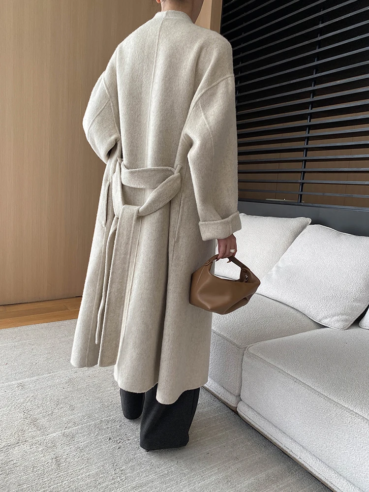 [EAM] Camel Big Size Thick Long Woolen Coat New Stand Collar Long Sleeve Women Jacket Fashion Tide Autumn Winter 2024 Dark Gray