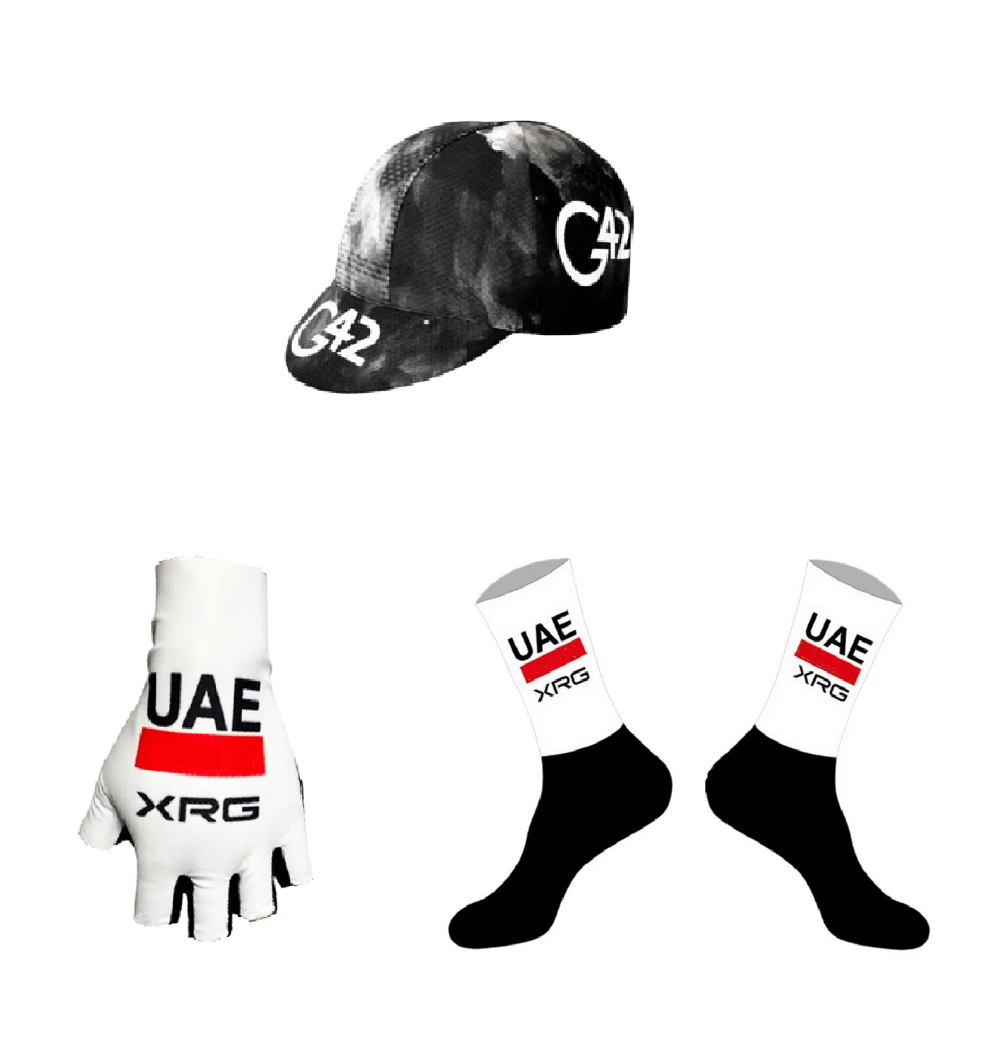 

Белые велосипедные перчатки UAE XRG TEAM 2025 года, одна пара велосипедных перчаток с половиной пальца + ОДИН ПАРА ВЕЛОСИПЕДНЫХ НОСКИ + полиэстеровые колпачки