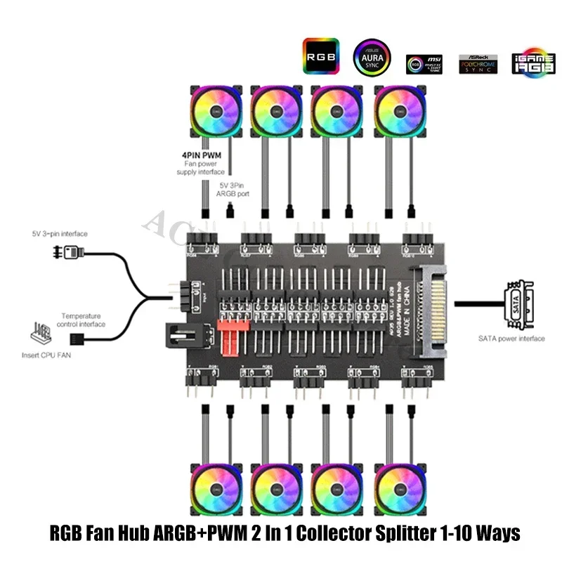 Hub Kipas RGB Kolektor PWM ARGB 2 In 1 Splitter, 2X 10 Cara MB 5V AURA SYNC, Konektor Daya SATA