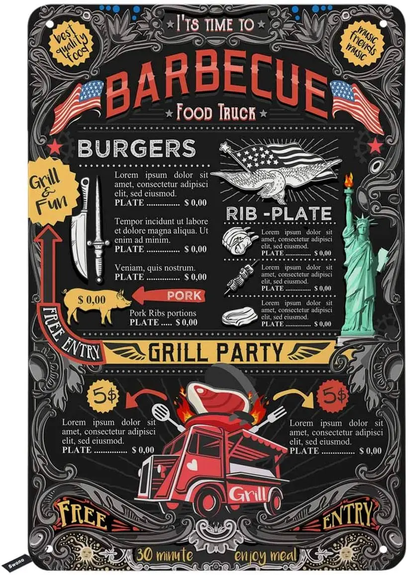 Swono Its Time to Barbecue Tin Signs,Food Truck Grill Party on Black Background Vintage Metal Sign for Men Women,Wall Decor