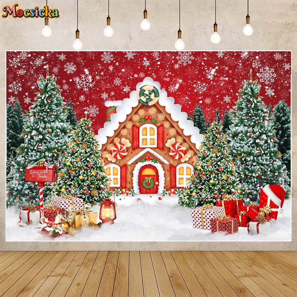 Mocsicka Christmas Backdrop Gingerbread House Winter Snow Xmas Tree Kids Portrait Background for Photo Studio Photography Props