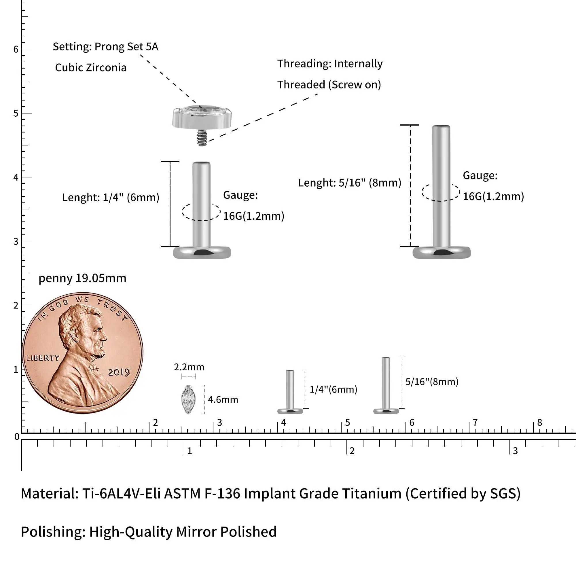 الزنمة محارة اللولب شقة Labret ثقب المجوهرات 16 جرام 6 مللي متر 8 مللي متر ASTM F136 التيتانيوم الغضروف القرط فلاتباك مسمار زرع
