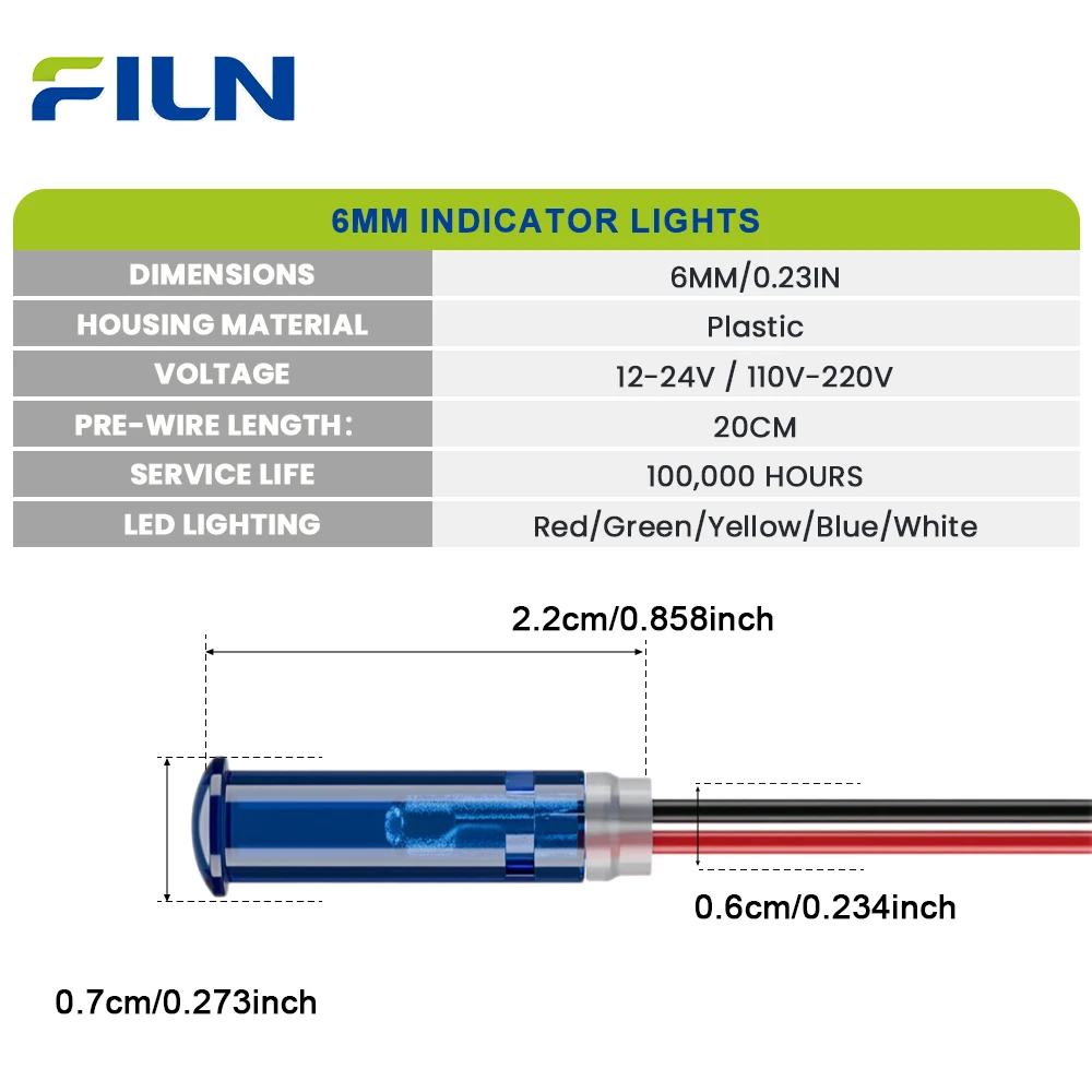 FILN 3PCS 6mm Mini Plastic LED Indicator Light 12V 24V 110V 220V Pre-Wired Pilot Signal Lamp for Marine Boat Car Dashboard