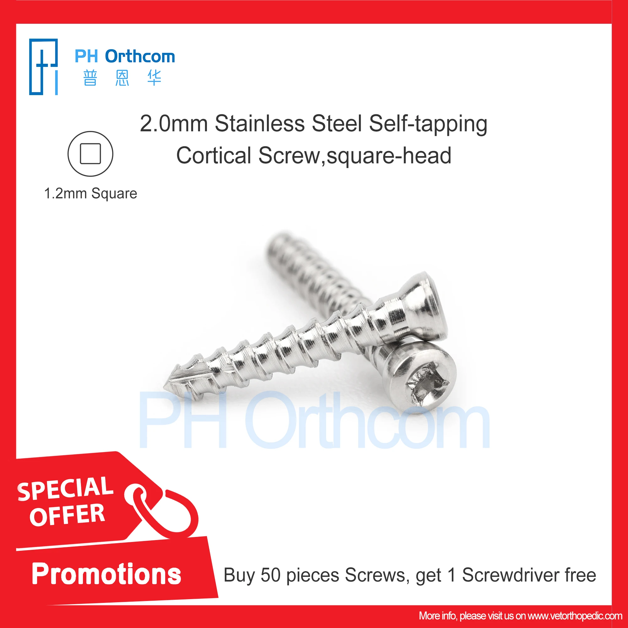 Buy Fifty Pieces Screws, Get One Screwdriver Free! Act Now! 2.0mm Stainless Steel Self-tapping Cortical Screw Square-head