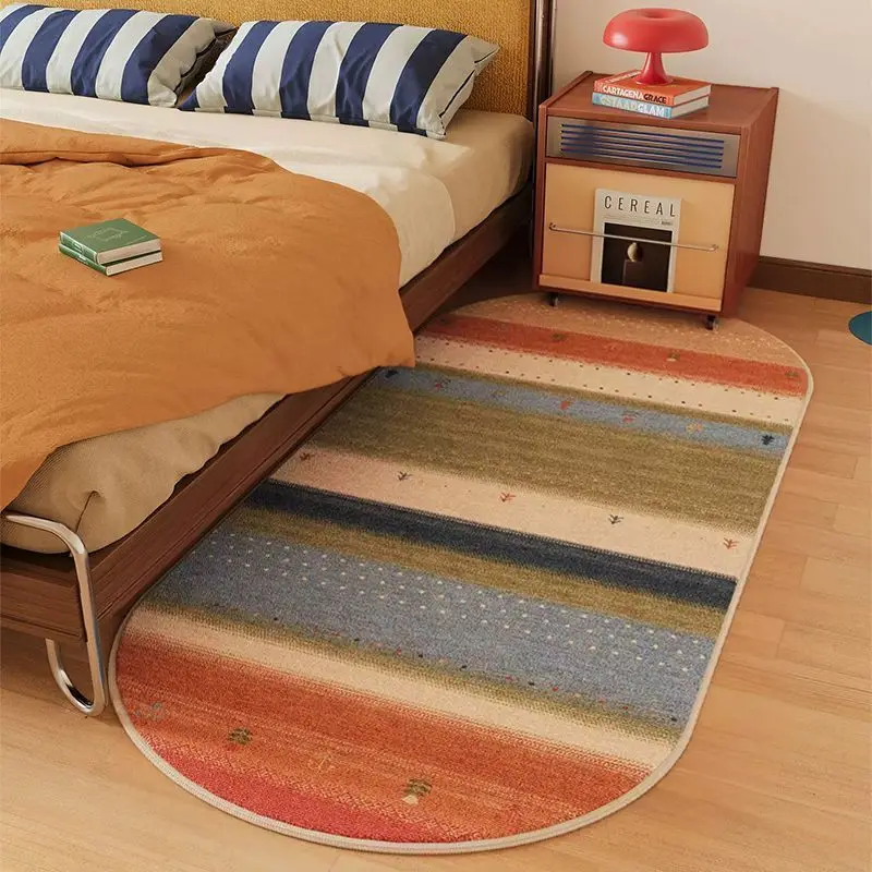 Retro Contrasting Striped Oval Long Carpet, Bedroom Bedside Carpet, Floating Window Mat, Lightweight and Comfortable Home Decor