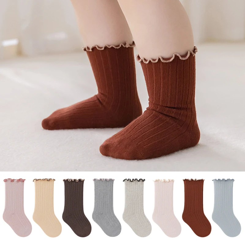Baby Girls Socks Ruffle Crew Solid Color Children Girls Socks Soft Cotton Frilly Cuff Toddler Socks Princess Socks for Girls