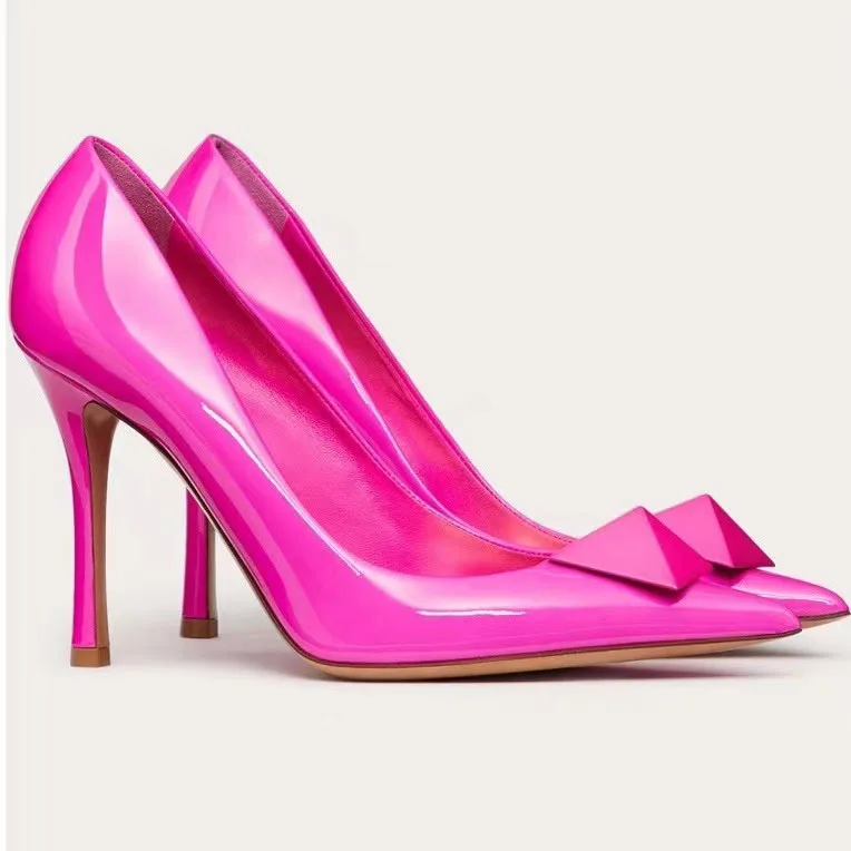 Lady hot pink stud high heels 6cm 8cm 10cm sexy pointed toe stiletto heel pumos cover heel party dress elegant pumps  footwear