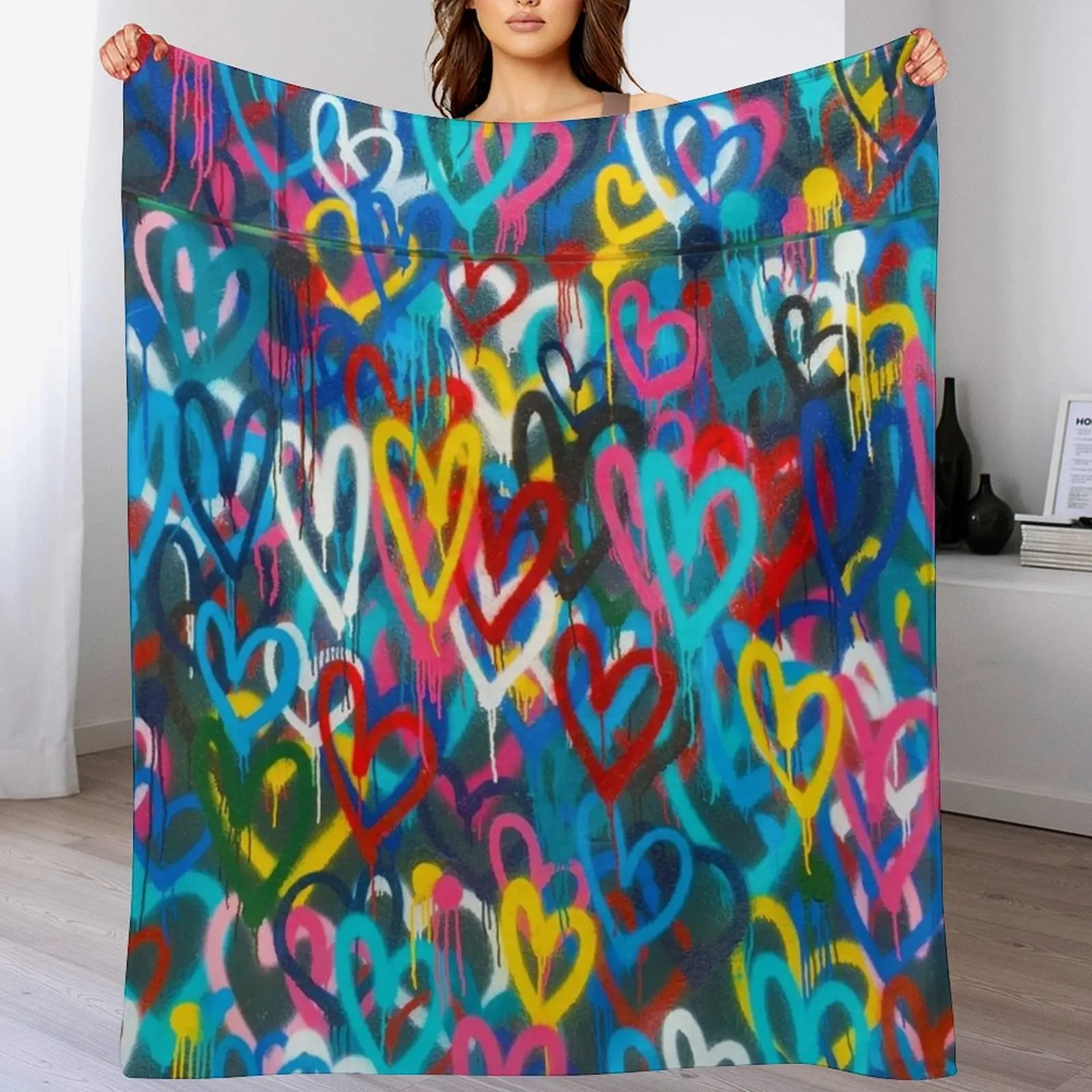 

Graffiti Urban colorful graffiti city wall chaotic hearts pattern painting grunge rainbow love Throw Blanket
