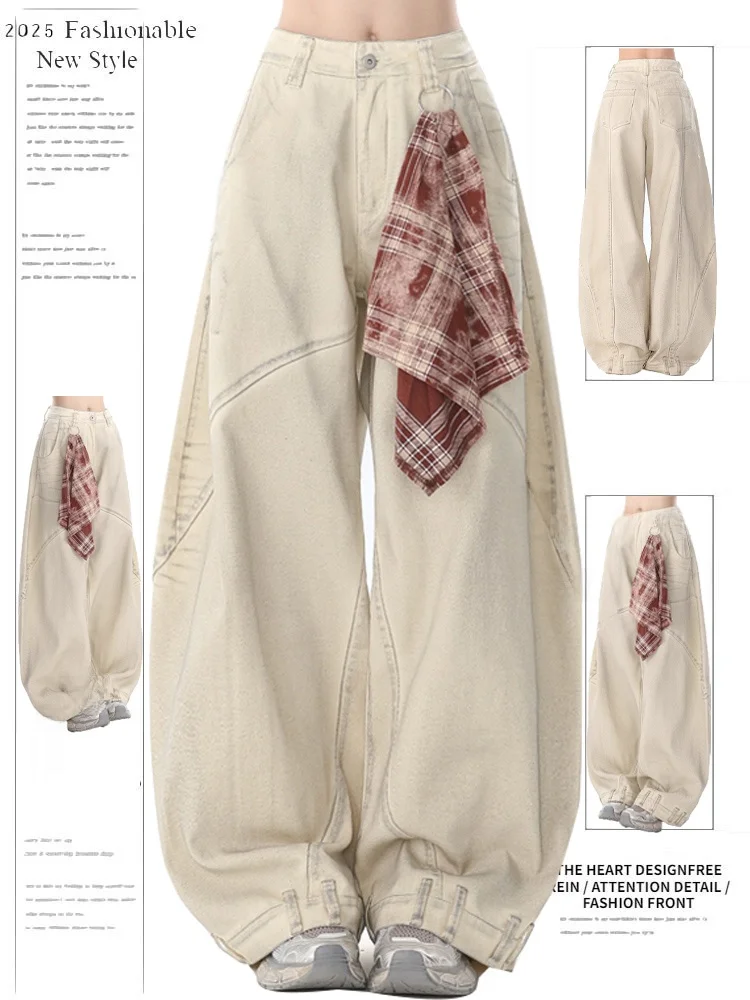 

Retro American Design Detachable Scarf Wide Leg Floor Length Jeans Women Summer 2025 New Sle Casual High Waist Long Pants