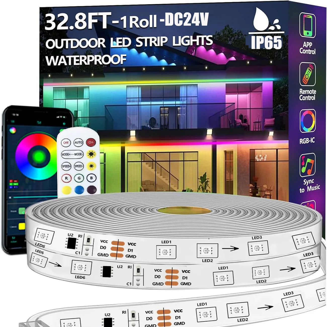 

Outdoor LED RGBIC Strip Light Waterproof,IP65 Outside RGB+IC Light Strip App Control Music Sync Rope Light for Rooftop,Garden