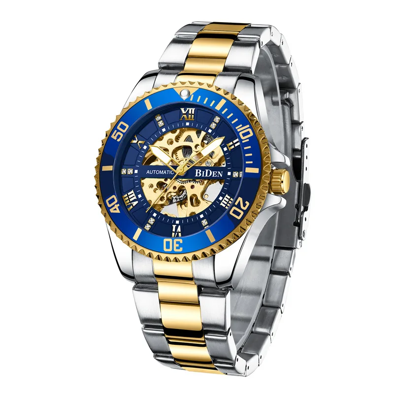 BIDEN Brand Skeleton Blue Golden Automatic Waterproof Stainless Steel Band Luminous Hand Roman Numerals Mechanical Wrist Watch