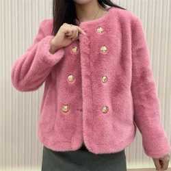 Streetwear Double-faced Fur Coat Women's Mink Velvet Short Jacket O-neck Double-breasted Pocket Faux Fur Fluff Outerwear Autumn