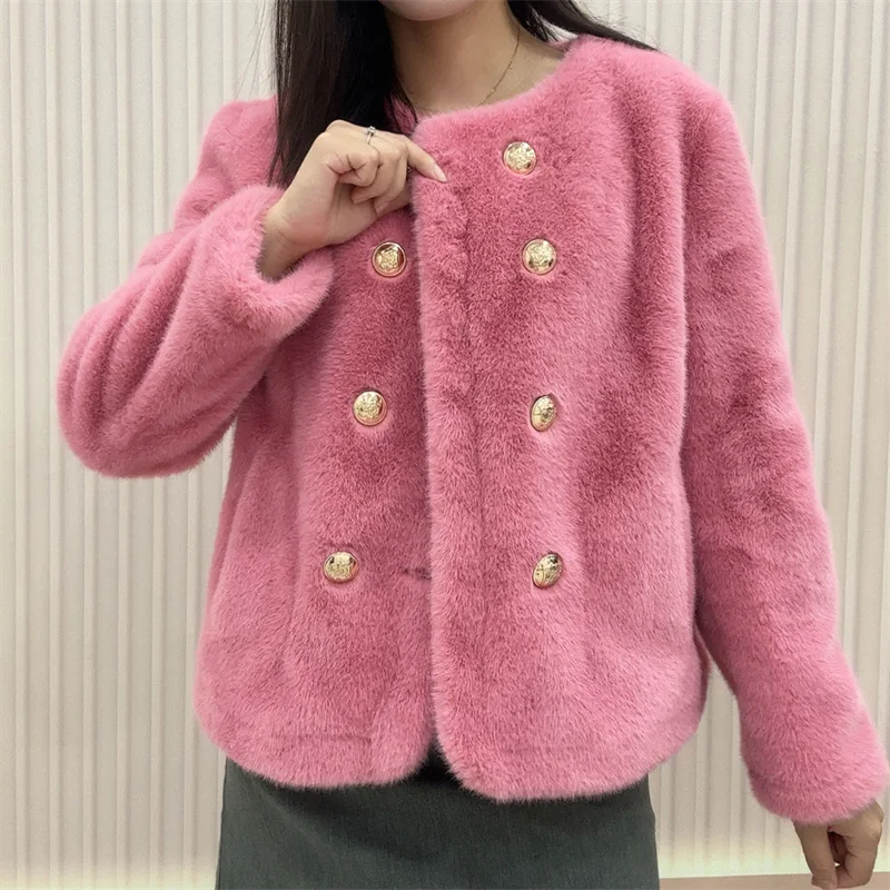 Streetwear Double-faced Fur Coat Women's Mink Velvet Short Jacket O-neck Double-breasted Pocket Faux Fur Fluff Outerwear Autumn