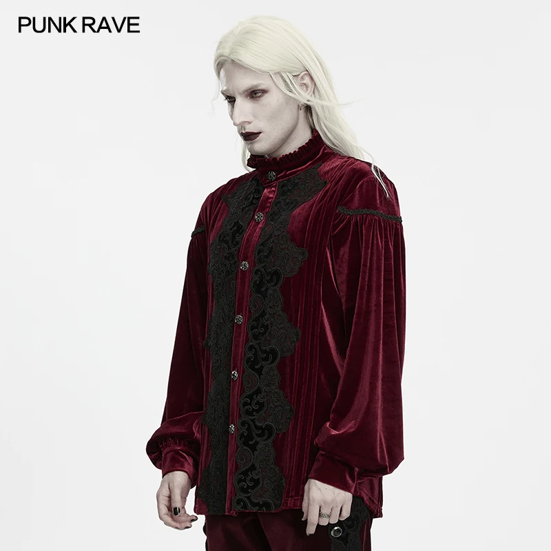 PUNK RAVE Men's Gothic Luxurious Texture Velvet Court Shirt Stand Collar Vintage Lantern Long Sleeves Noble Party Top Two Colors