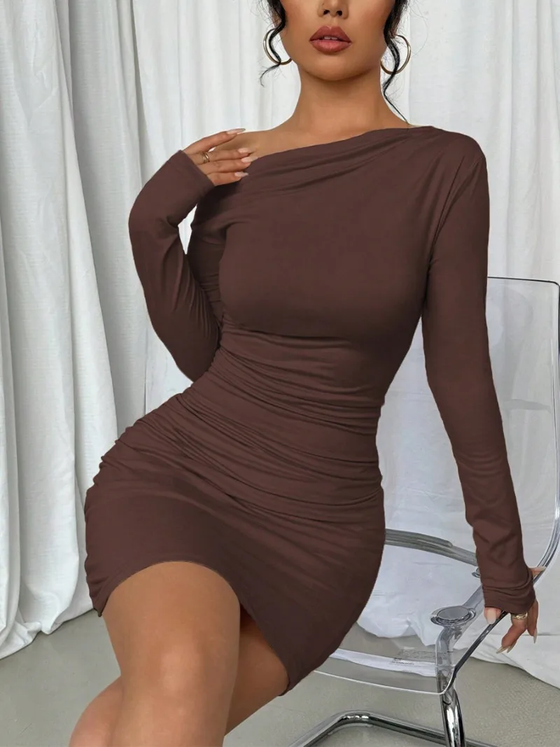 

Solid Ruched Bodycon Dress Women Diagonal Collar Mini Dresses Spring Summer European and American Style Party Vestidos Платье