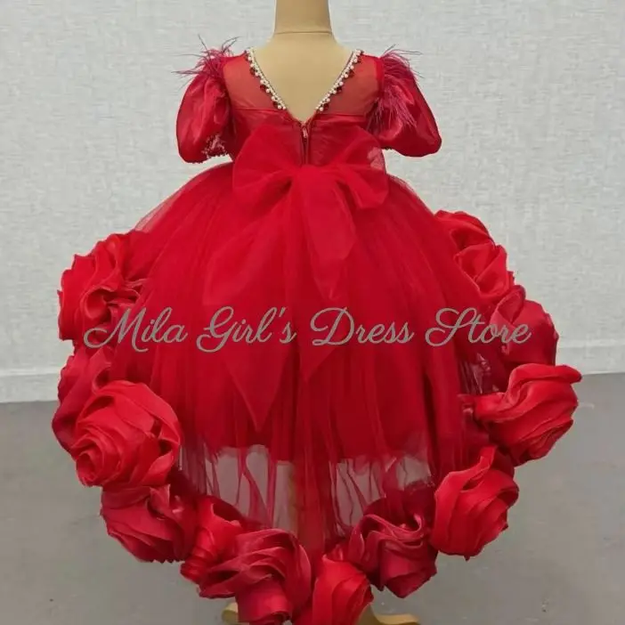 Luxury Red Tulle Puffy Kids Dresses For Party 3D Rose Wedding Flower Girl Dress Customized Big Bow Princess Ball Gown Prom Wear