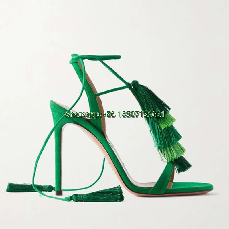 Green Round Toe Tassel Ankle Cross Strap Stiletto Sandals T-Strap Outer Wear Resort Style Roman High Heels