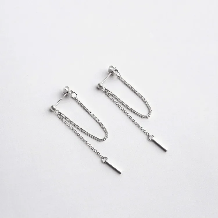 925 Sterling Silver After Hanging Type Tassel Strip Stud Earrings For Women Fashion Girl silver jewelry