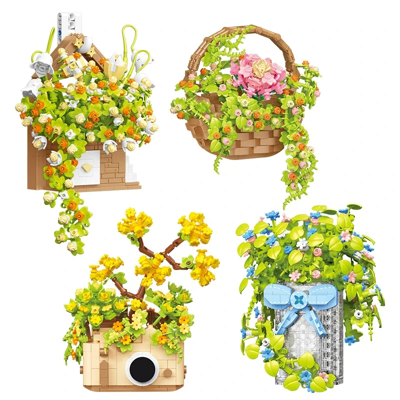 Ewiger Blumenkorb, Blumenstrauß, Bausteine mit Lichtern, Topfpflanzen, Ziegel, Spielzeug, Heimwanddekorationen