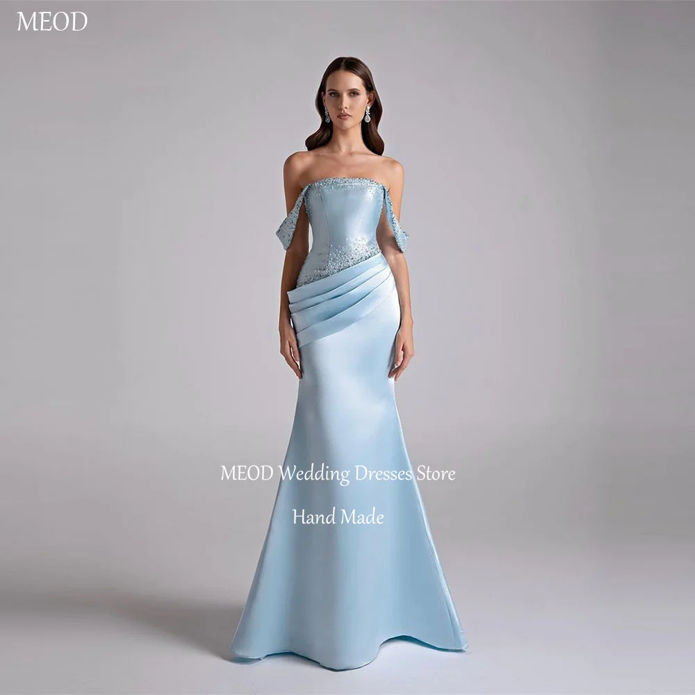 MEOD Sky Blue Satin Evening Dresses Bakless Mermaid Crystal Prom Gowns Strapless Floor Length Elegant Party Attire Customized