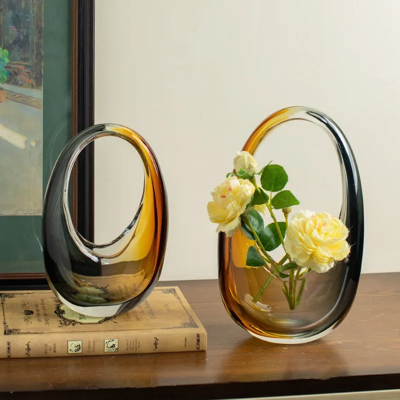 

Colour Glazed Handbag Model Flower Vase Ornamental Crystal Glass Gradient Arch Vase Room Glassware Decor Housewarming Gift Craft