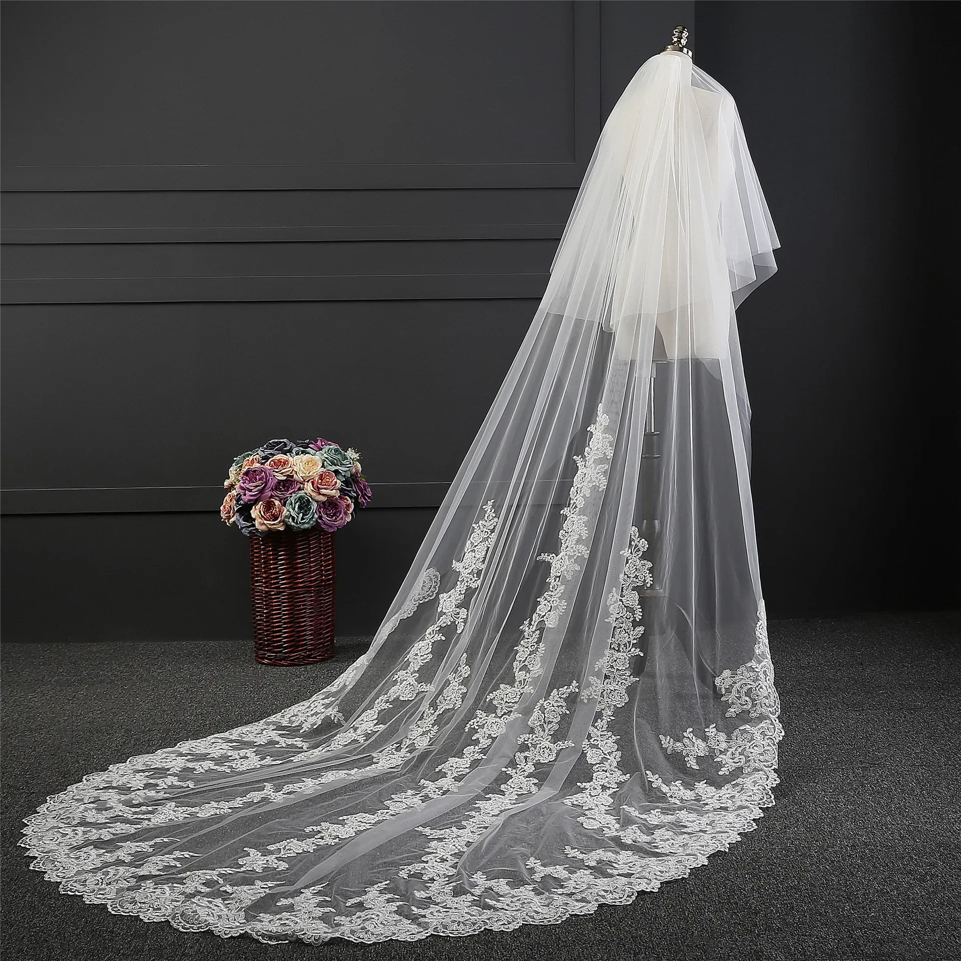 

Cathedral Wedding Veil Two Layers Lace Appliques White Ivory Long Bride Veil with Comb Cover Face Voille De Mariage Customized
