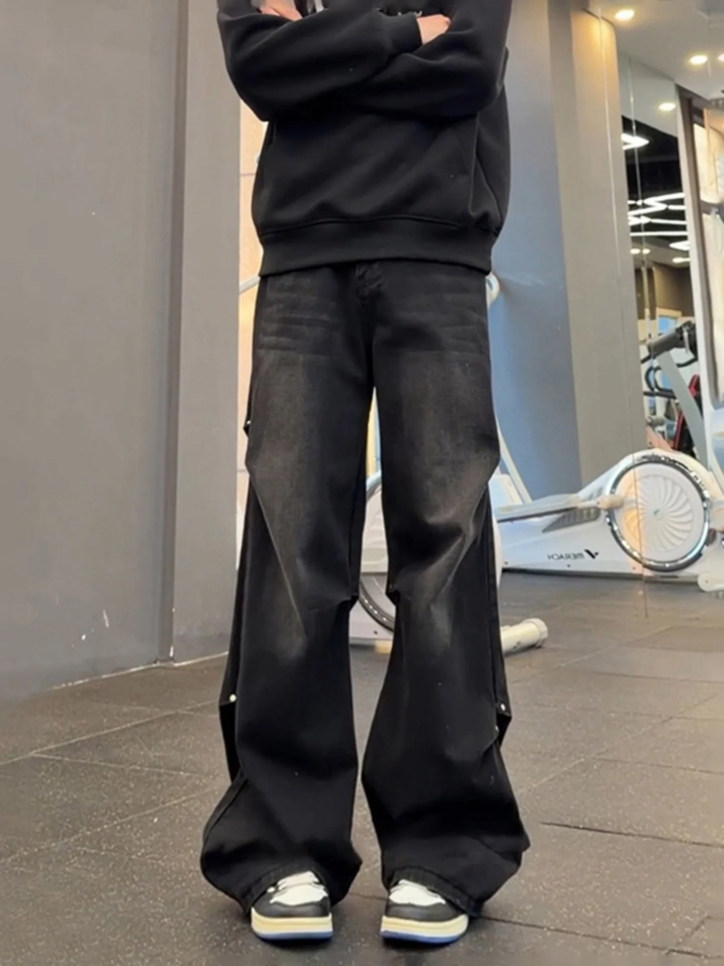 

Bla Pleated Flared Jeans Men's Autumn Winter Design American Nail Straight Loose Workwear Long Trousers mid Waist Zipper Cl...