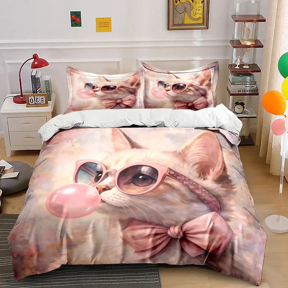 Cat wearing pink sunglasses blowing bubble Print Soft Comfortable Duvet Cover Bedding Set Included 1*Duvet Cover 2*Pillowcases