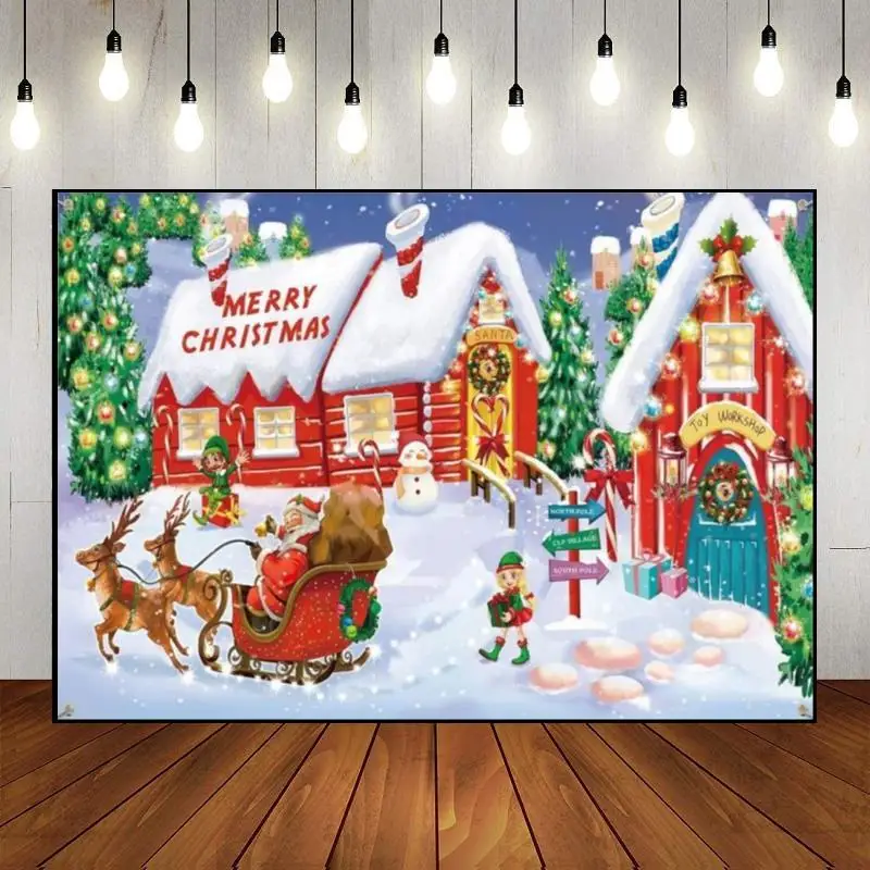 Merry Christmas Reindeer Village Background Photo Lights Photography Backdrops Decor Custom Birthday Backdrop Cartoon Xmas Tree