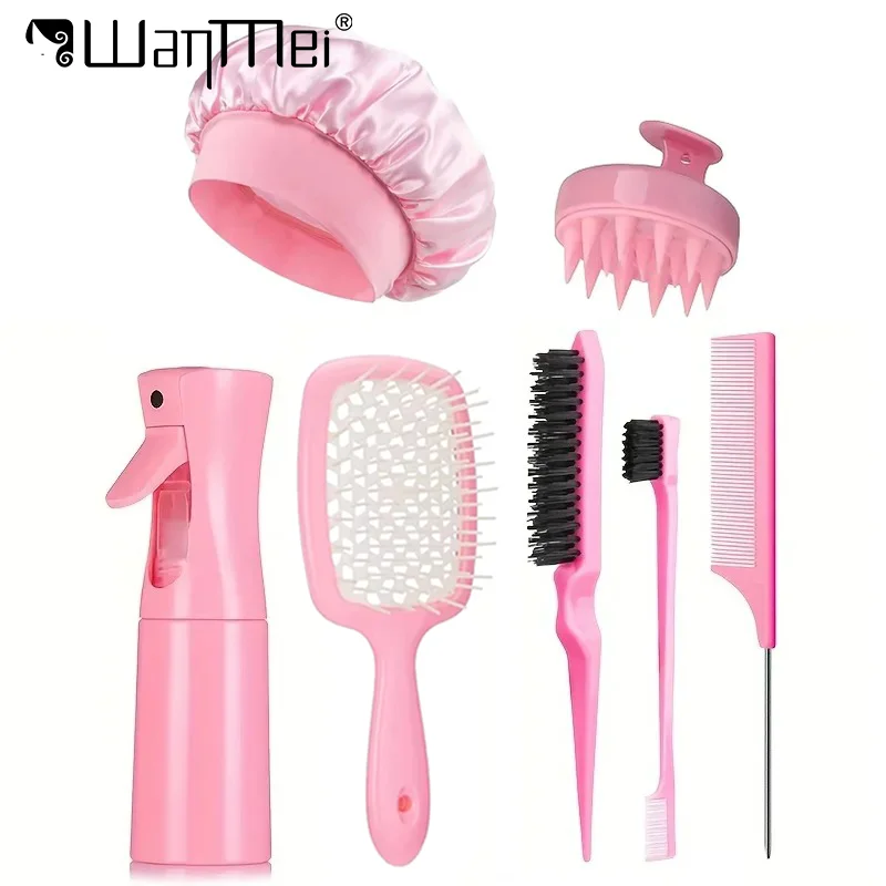 Kit de Cuidados para Cabelo 5/7 peças, Pente Desembaraçador com Escova de Controle de Bordas e Frasco Spray, Touca de Seda Macia para Dormir, Ferramentas de Estilo