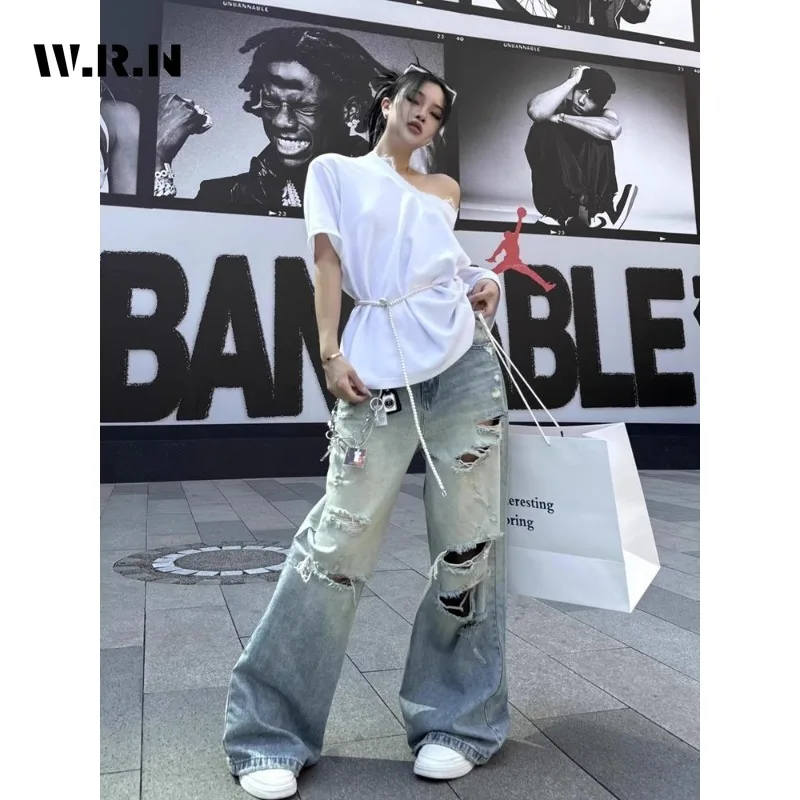 Harajuku Ripped ขากว้างหลวม Fit กางเกงยีนส์ Emo ถังขยะสีฟ้า Baggy กางเกงผู้หญิง Vintage Kpop Y2K ความเสียหายหลวม Mop Denim กางเกง