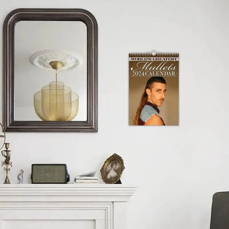 Calendario de pared mensual, Mullets divertidos, estilo de pelo fresco, regalos de Año Nuevo, medias embutidoras, recuerdos de fiesta, 2024