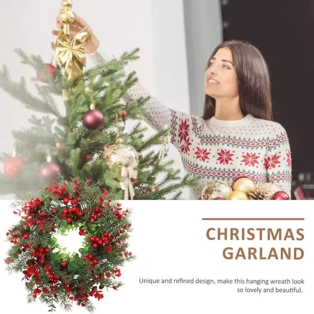 

Plastic Artificial Christmas Wreath 35cm with Eucalyptus Leaves,Red Berry Christmas Door Decoration Garden Decor Round