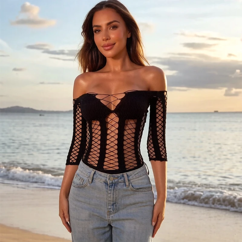 1 PC Long Sleeve Hollow Out See-through Top Sexy Fishnet Top Women Summer Beachwear Cover Up Swimwear without Bikini Y2K Style