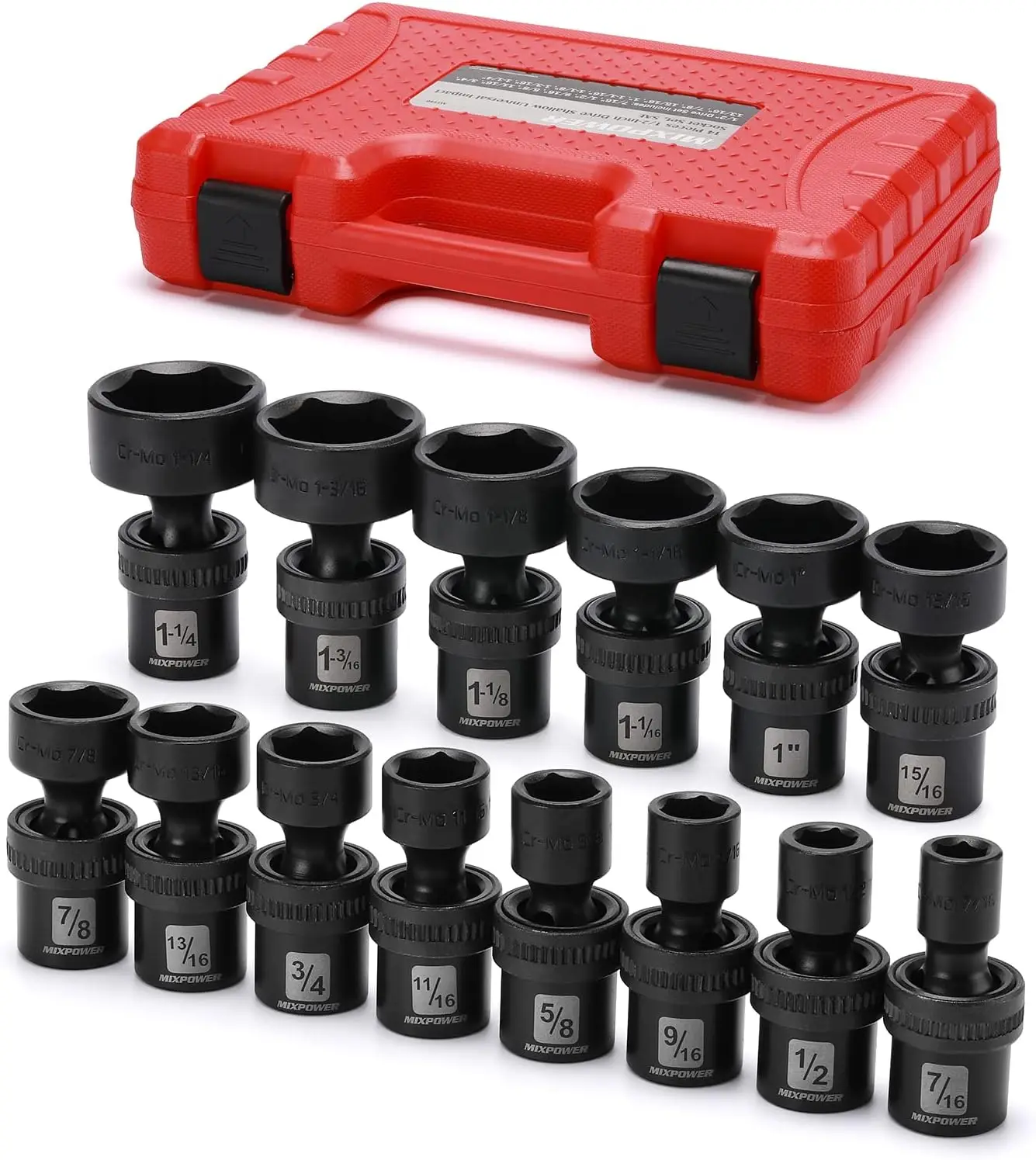

1/2" Drive Shallow Impact Universal Joint Socket Set, SAE 7/16" to 1-1/4", Chrome Molybdenum Steel, 14-Piece Flexible Wobble