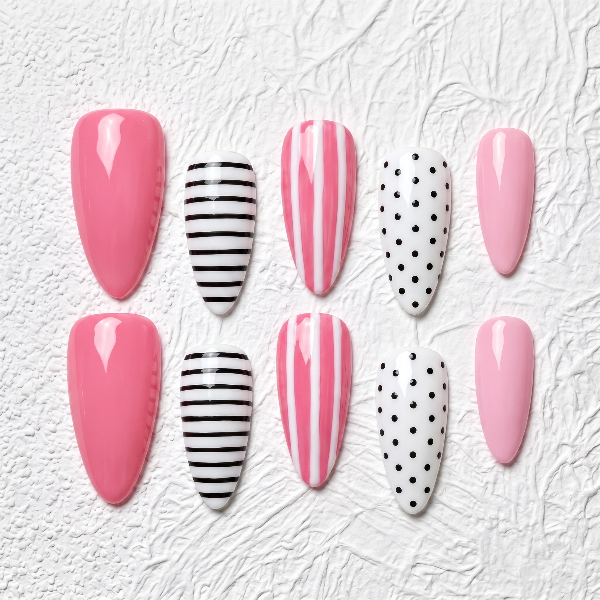 Artisan Handcrafted 10PCS Bold Graphic Stiletto Press-On Nails | Pink, Black & White Stripes, Polka Dots, Party Daily Wear