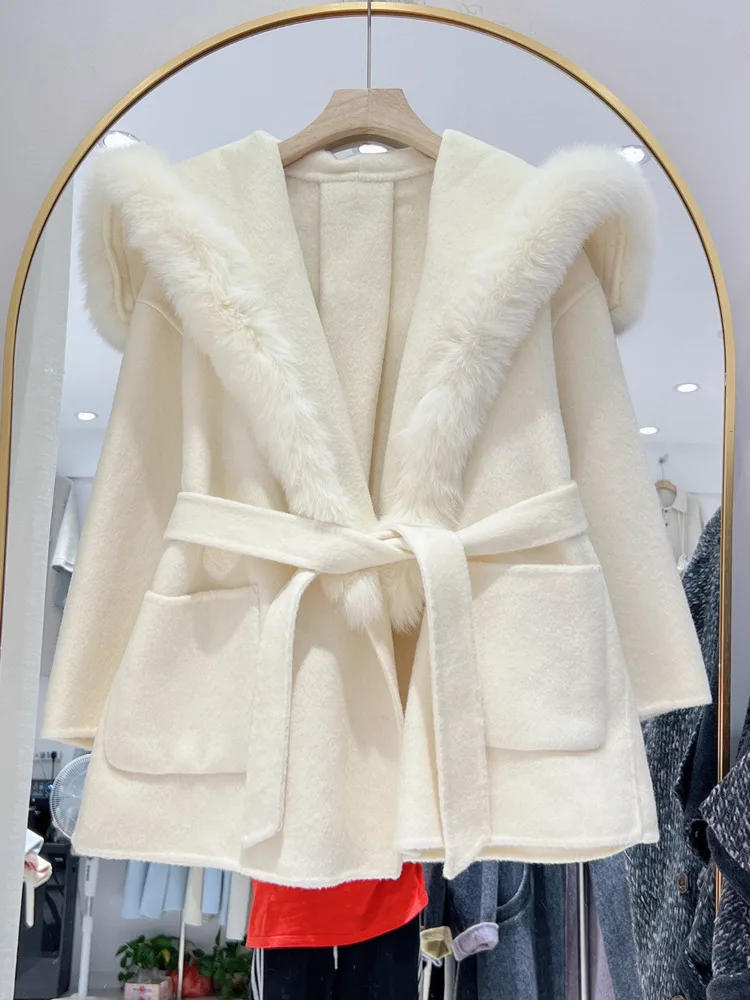 ZMEENNA Womens Hooded Wool Blend Short Coat Faux Fur Trim Shawl Collar Tie Belt Warm Winter Outerwear Oversized ZM4402