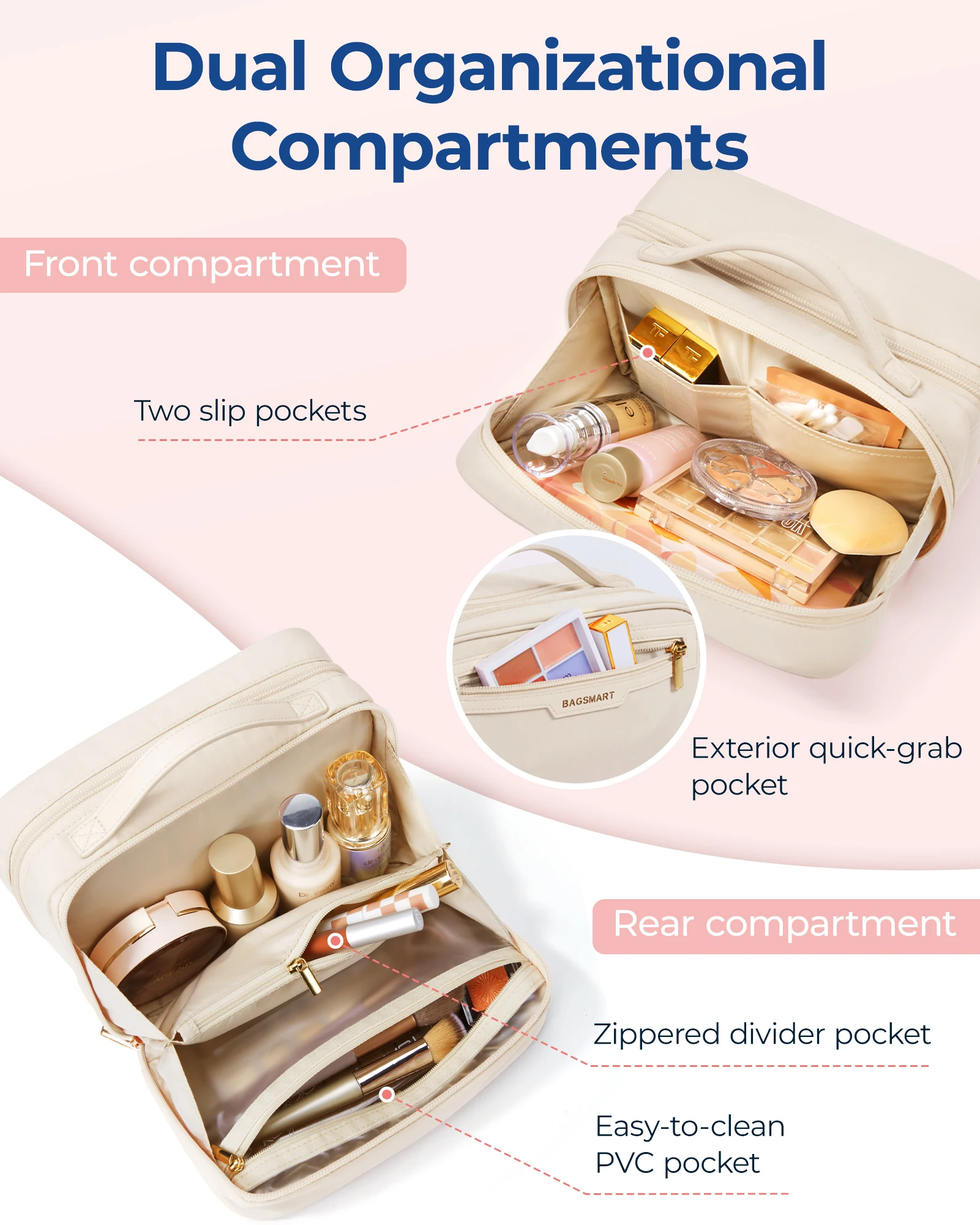 BAGSMART Travel Makeupbag Large-capacity Cosmetic Bag Multi-compartment Makeup Storage Case Waterproof Toiletry Bag for Toiletri