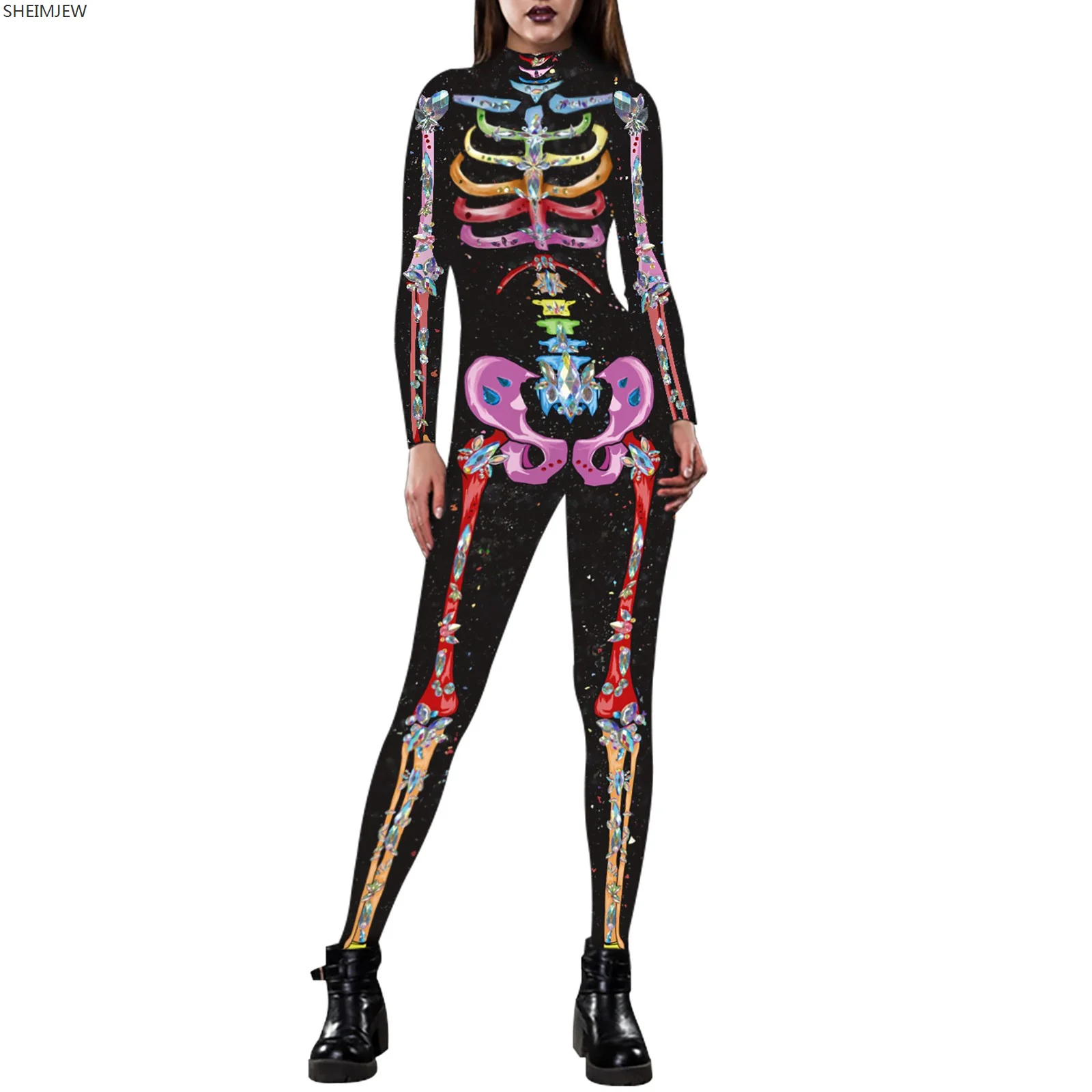 

3D Printing Women Turtleneck Simulation Zip Bodysuit Full Body Monos Bodysuit Halloween Costume Pearl Back Jumpsuit Rave Outfits