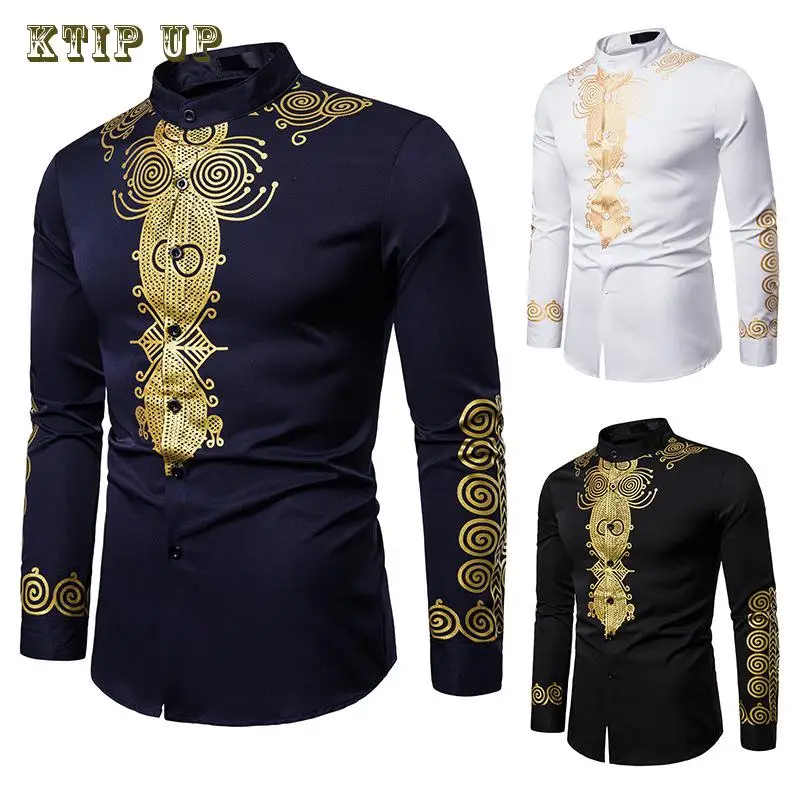 Men\'s Gold Floral Print Henley Shirt, Ethnic Style, Stand Collar, African Dashiki, Islamic Long Tops, Casual, Luxury