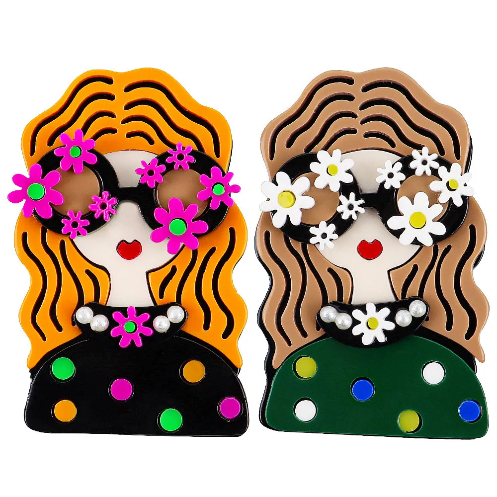 New Flower Glasses Girl Acrylic Brooches for Women Cute Long Hair Girls Brooch Badge Pins Casual Jewelry Cutsome Accessories