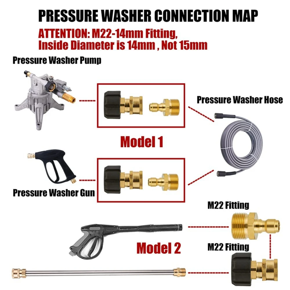 High Pressure Washer Adapter Set Quick Connect Kits Gun to Wand M22 to 1/4 Quick Connect 5000 PSI