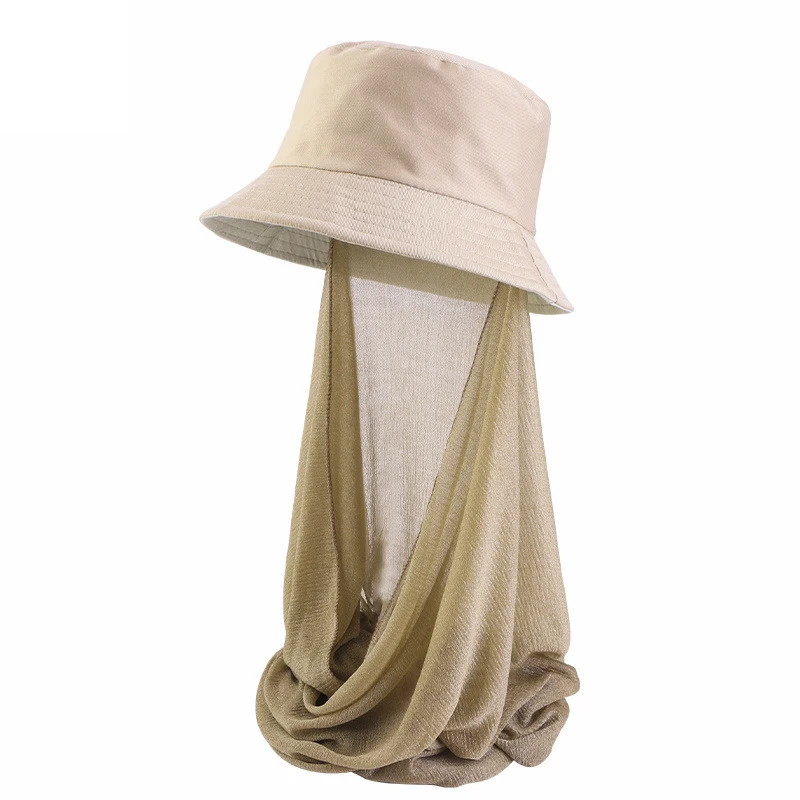 Summer Sunscreen Muslim Bucket Hat Scarves Shawls Women Solid Color Instant Hijab Veil with Fisherman Hat Turban Bonnet Headband