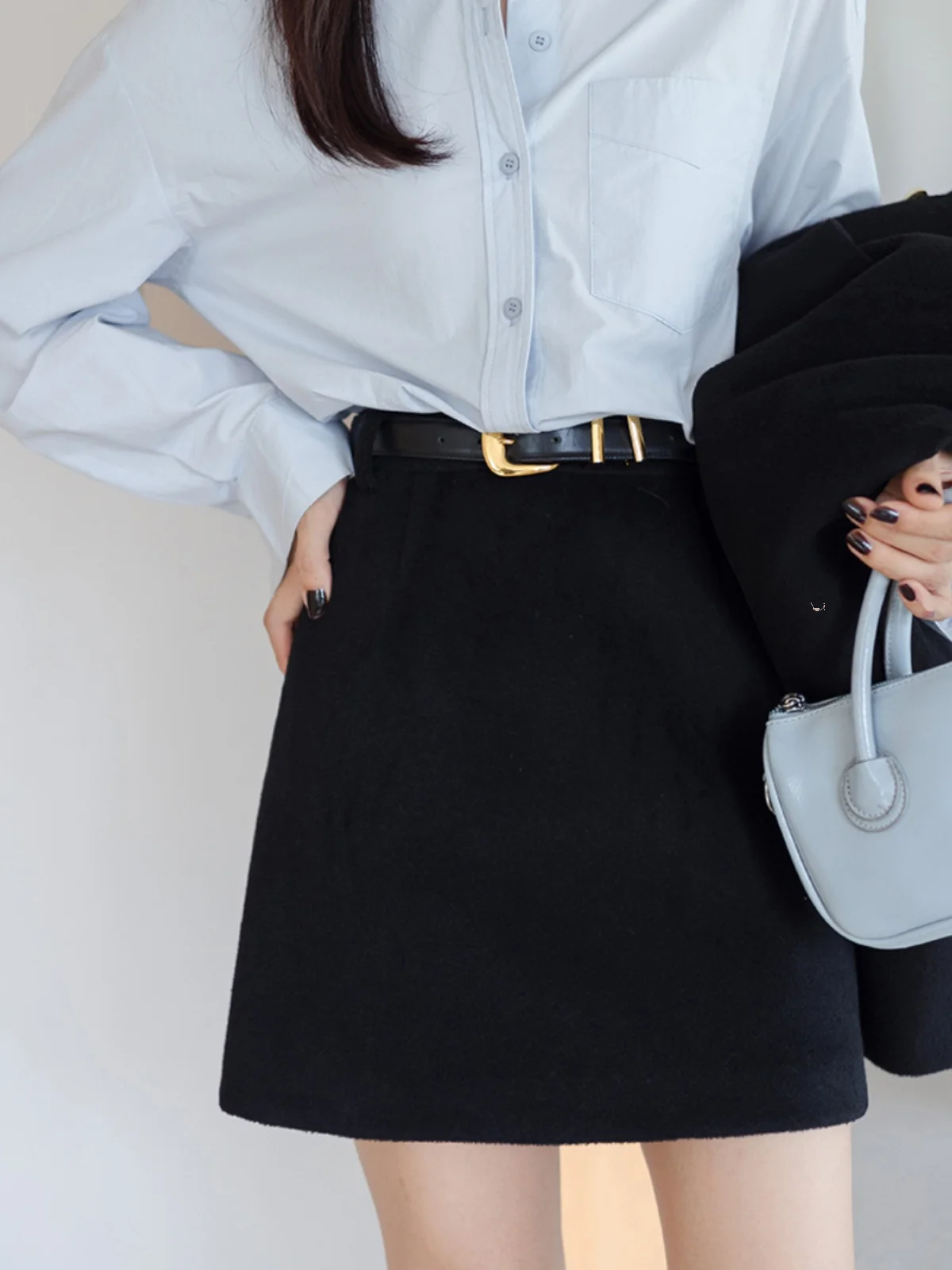 

Черная шерстяная юбка А-силуэта для женщин, с завышенной талией, утягивающая, в корейском стиле, для офиса, из полиэфирного волокна, короткая