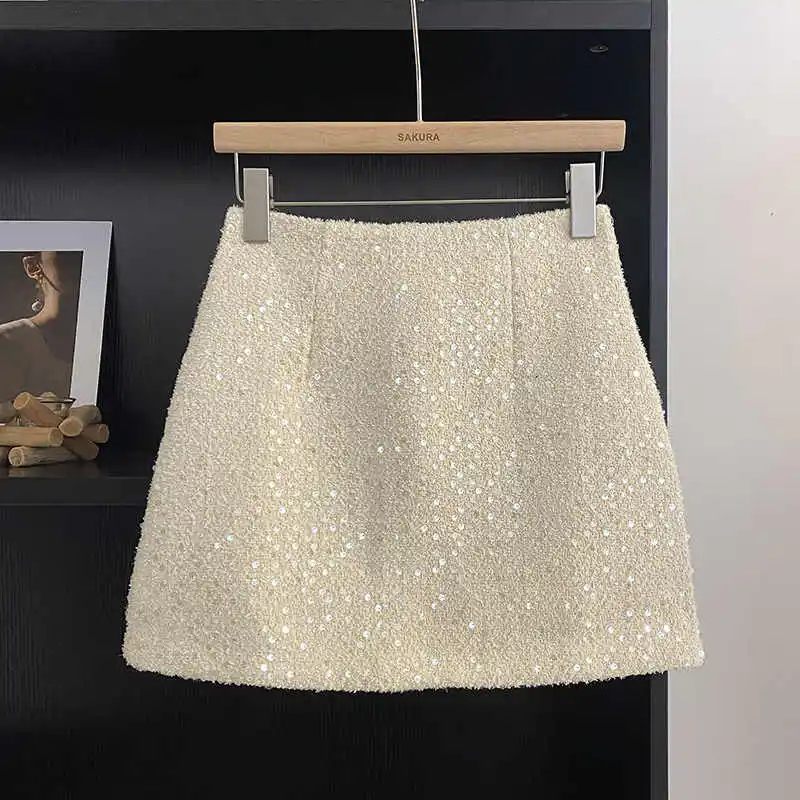 Fashion Tweed High Waist Sequined Half Skirt for Women Autumn Winter Korean Retro Versatile A-line Anti-slip Short Skirts