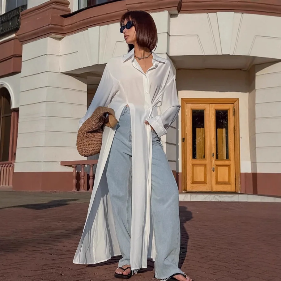 

Осенняя женская длинная рубашка из чистого хлопка с воротником с лацканами, однобортная асимметричная дизайнерская женская блузка, уникальная шикарная рубашка для женщин