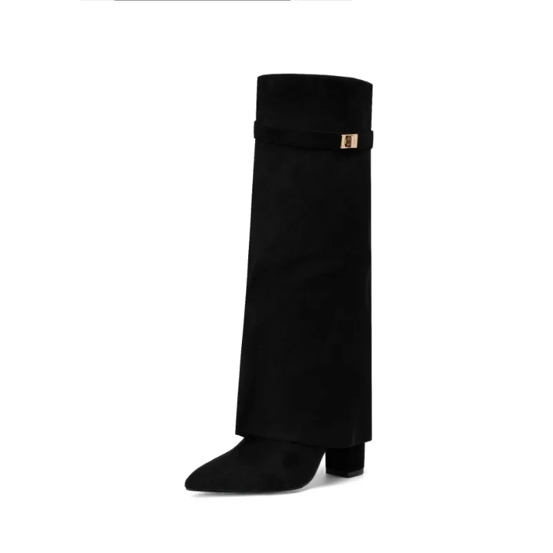 European and American Knee Length Large Tube Circumference Straight Tube Metal Buckle Thick High-heeled Pants Leg Women's Boots